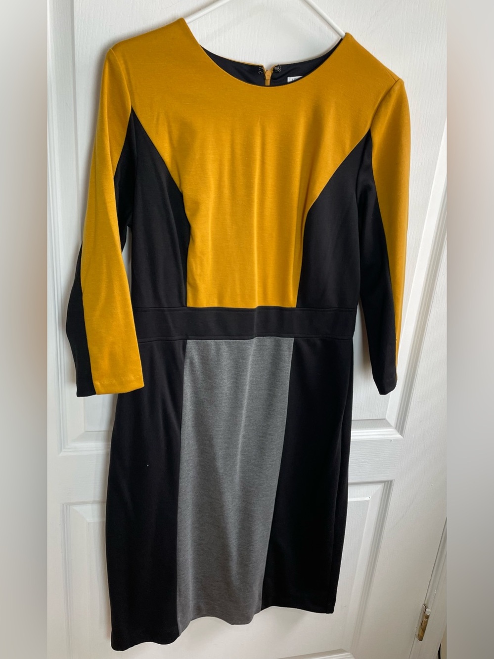 London Style Mustard, Black & Gray Long Sleeve Colorblock Dress